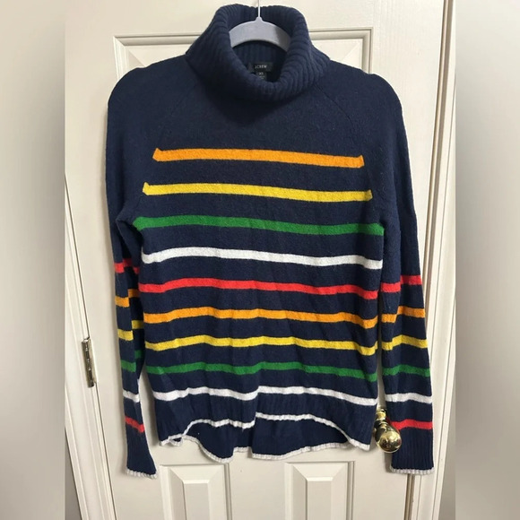 J. Crew Multistripe Rainbow Supersoft Yarn Turtleneck Sweater Alpaca Wool XS - Picture 2 of 5
